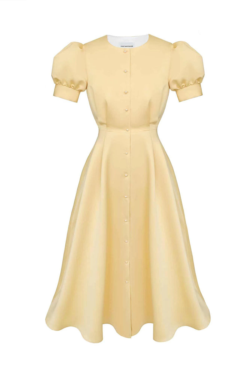 Elegant Solid Buckle O Neck A Line Short Sleeve Dress(5 Colors) - Fashionpara