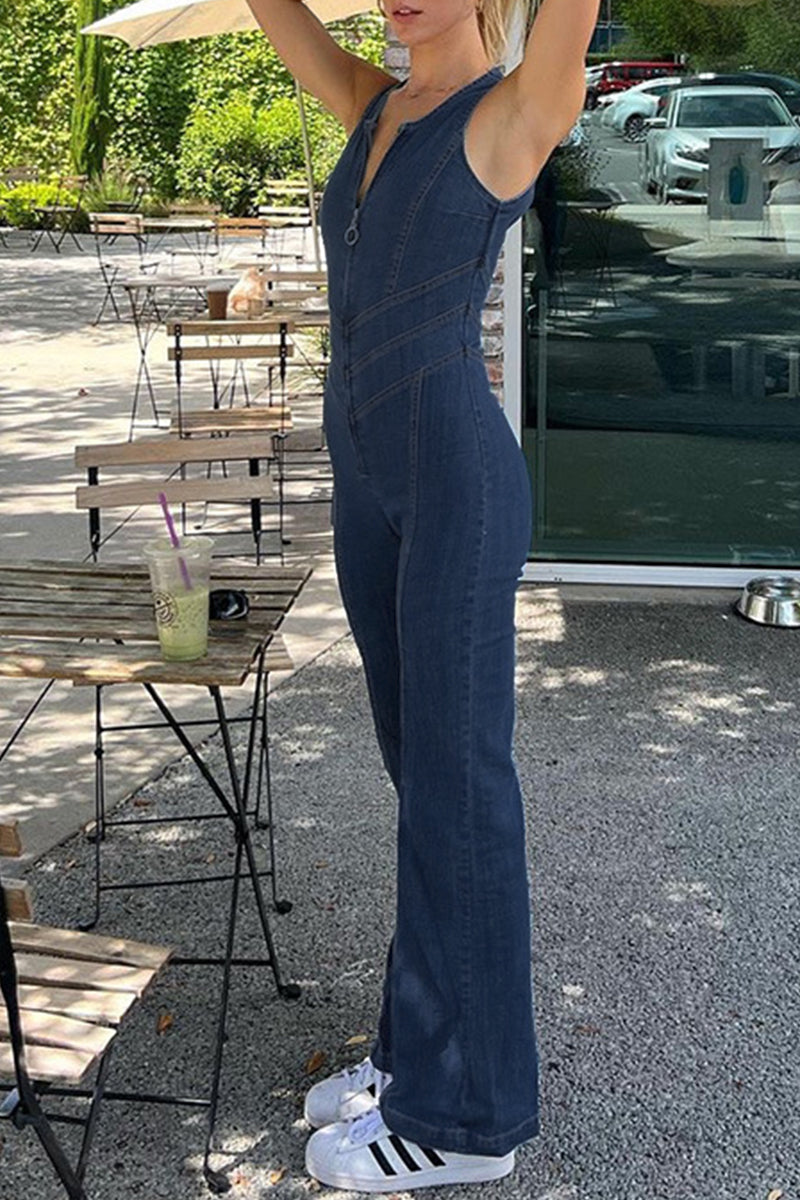 Casual Street Solid Backless Zipper V Neck Regular Jumpsuits - Fashionpara