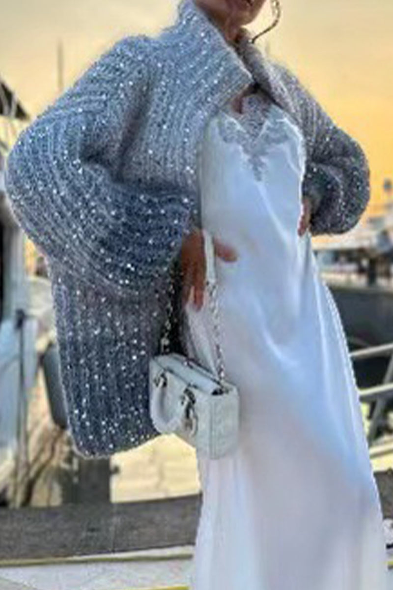 Florcoo Elegant Sequin Turndown Collar Sweater - 3 Colors