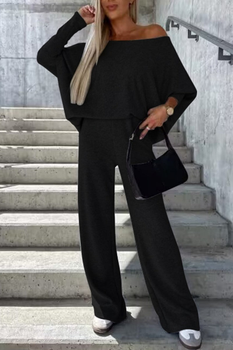 Casual Print Solid Basic Oblique Collar Two Pieces - Fashionpara