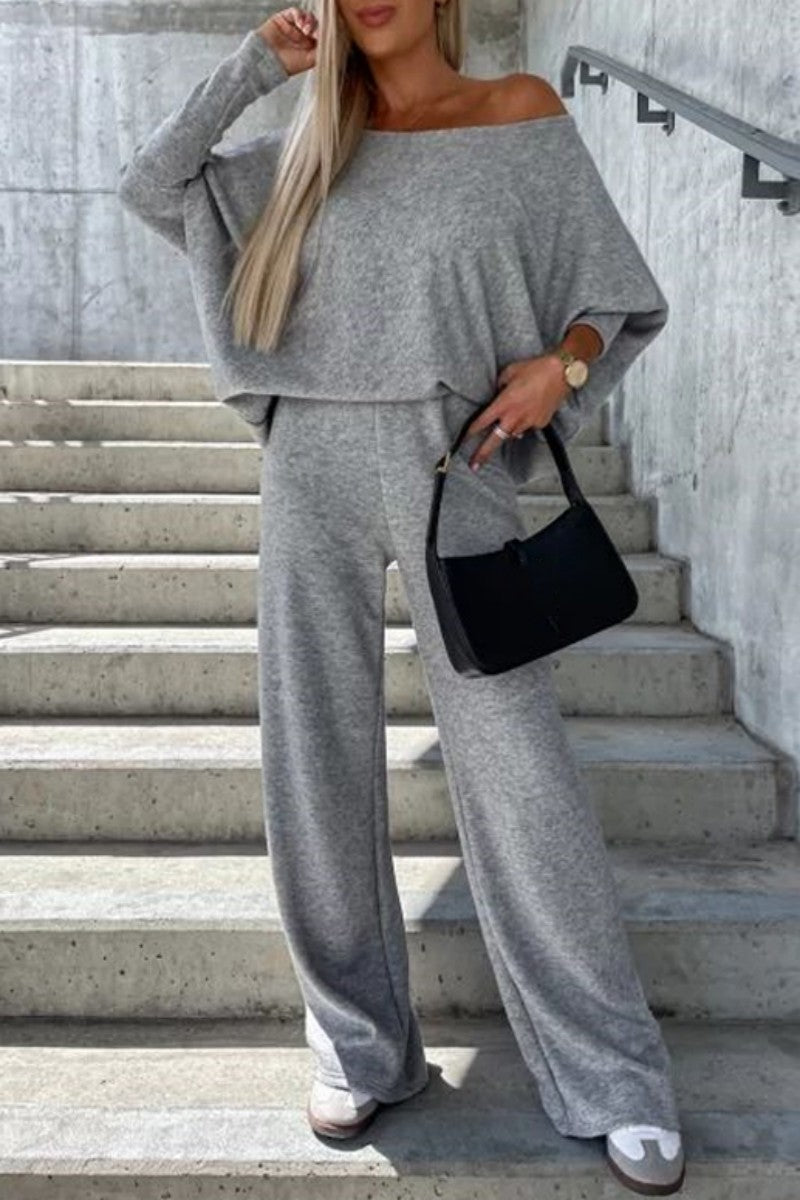 Casual Print Solid Basic Oblique Collar Two Pieces - Fashionpara