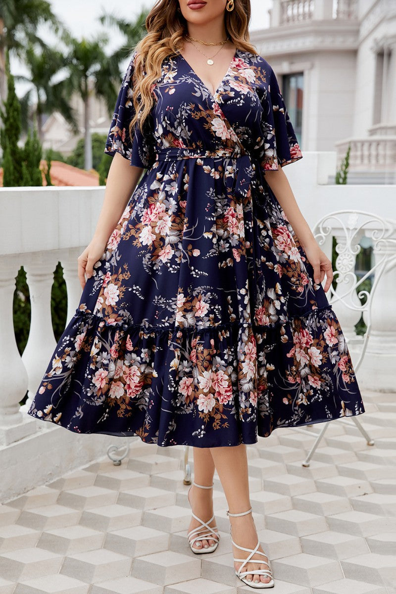 Casual Print Frenulum V Neck A Line Plus Size Dresses - Fashionpara