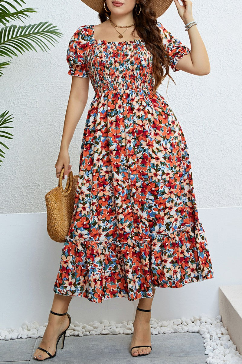 Casual Print Patchwork Square Collar Short Sleeve Dress Plus Size Dresses
