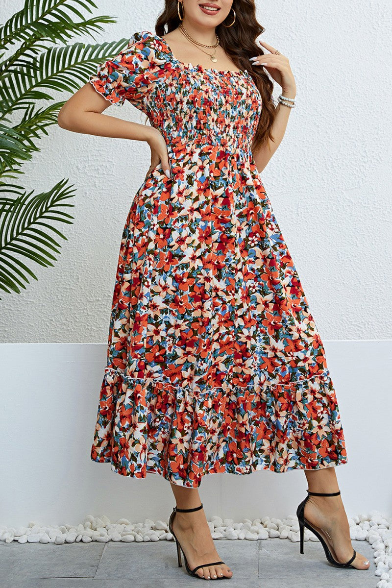 Casual Print Patchwork Square Collar Short Sleeve Dress Plus Size Dresses