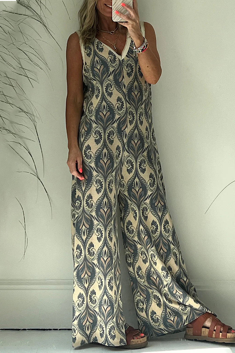 Casual College Geometric Printing V Neck Loose Jumpsuits - Fashionpara