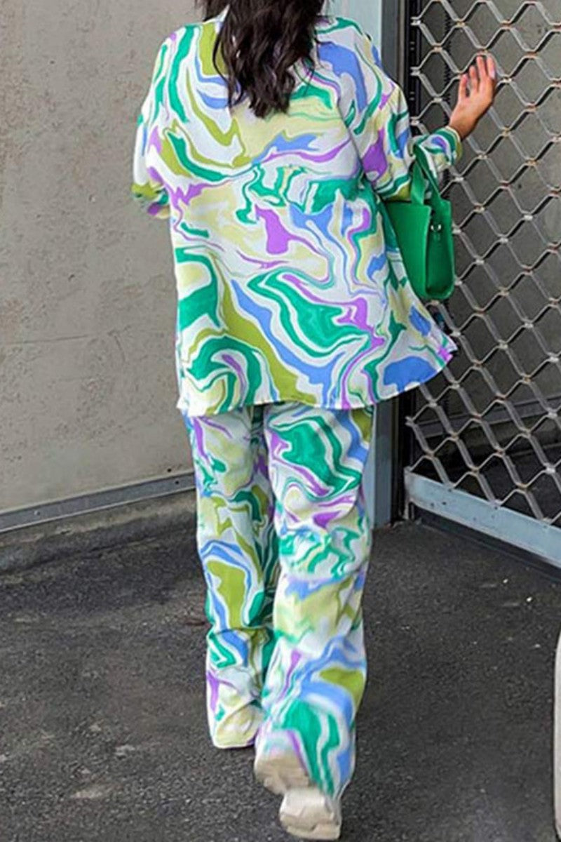 Casual Print Cardigan Pants Turndown Collar Long Sleeve Two Pieces - Fashionpara