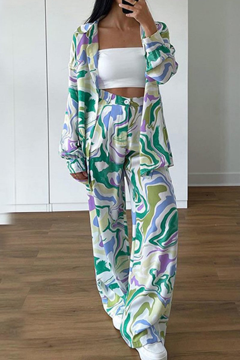 Casual Print Cardigan Pants Turndown Collar Long Sleeve Two Pieces - Fashionpara