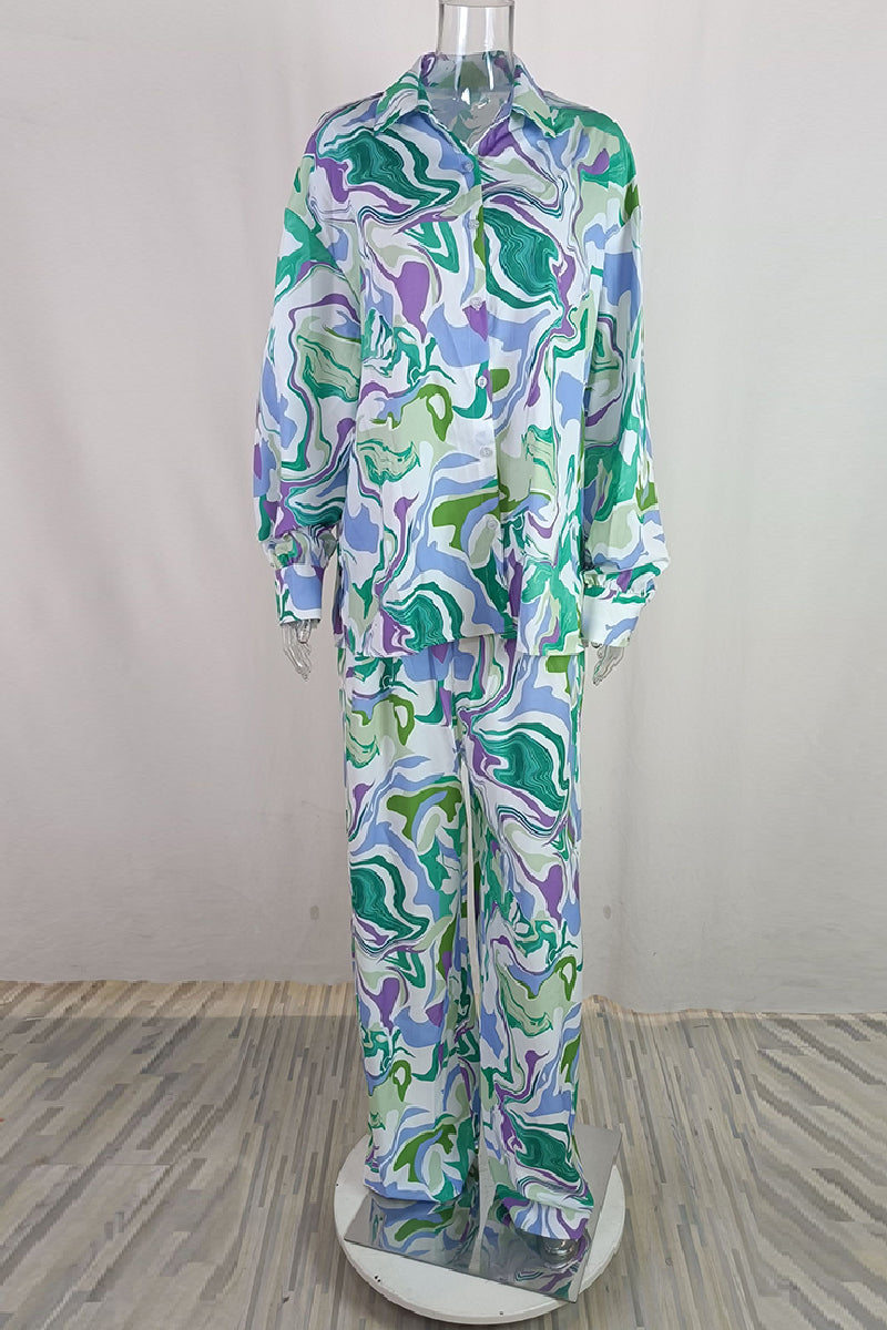 Casual Print Cardigan Pants Turndown Collar Long Sleeve Two Pieces - Fashionpara