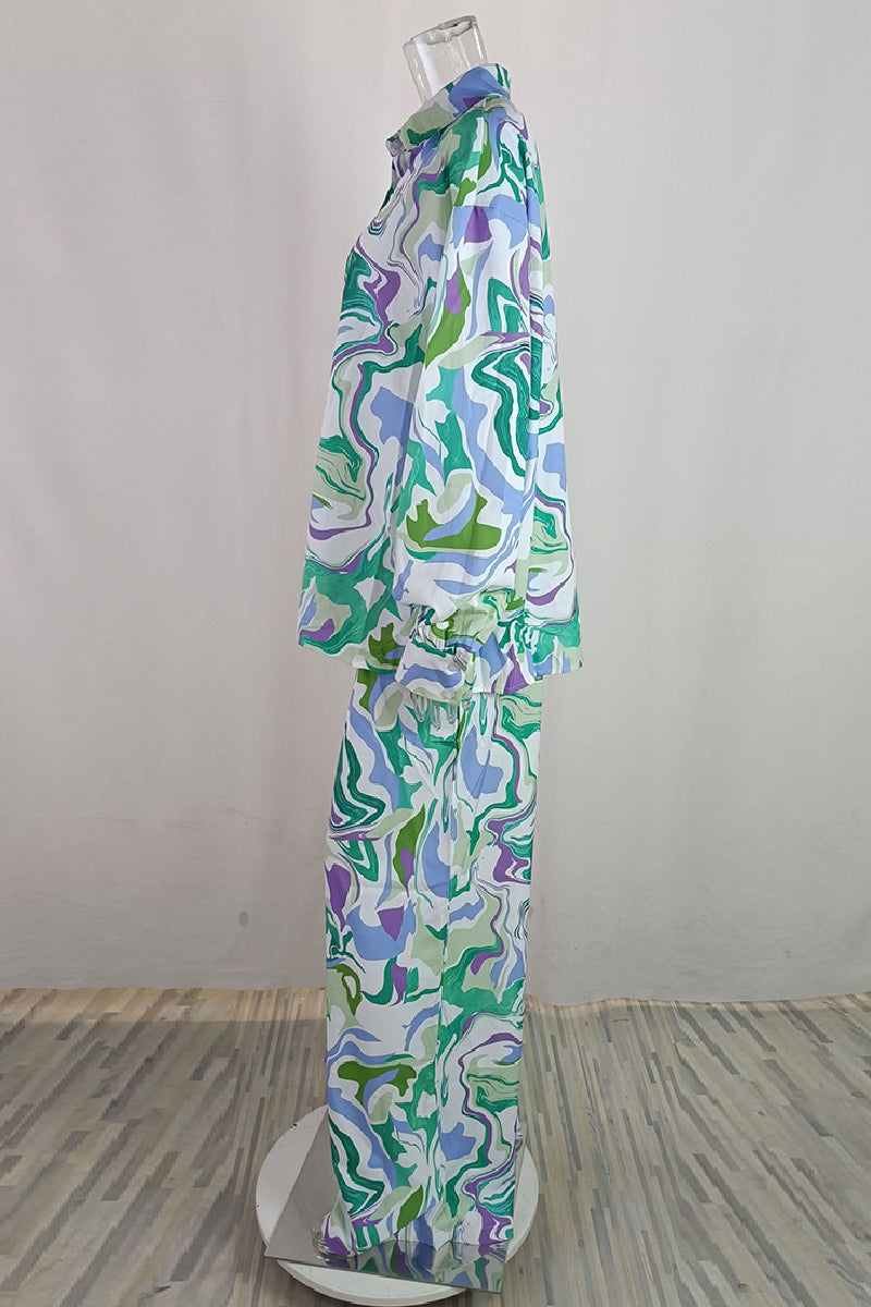 Casual Print Cardigan Pants Turndown Collar Long Sleeve Two Pieces - Fashionpara
