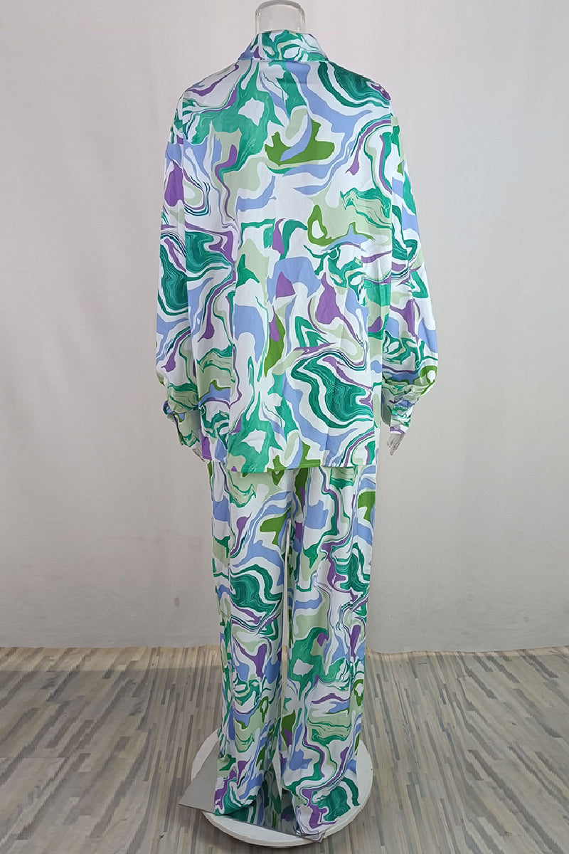 Casual Print Cardigan Pants Turndown Collar Long Sleeve Two Pieces - Fashionpara