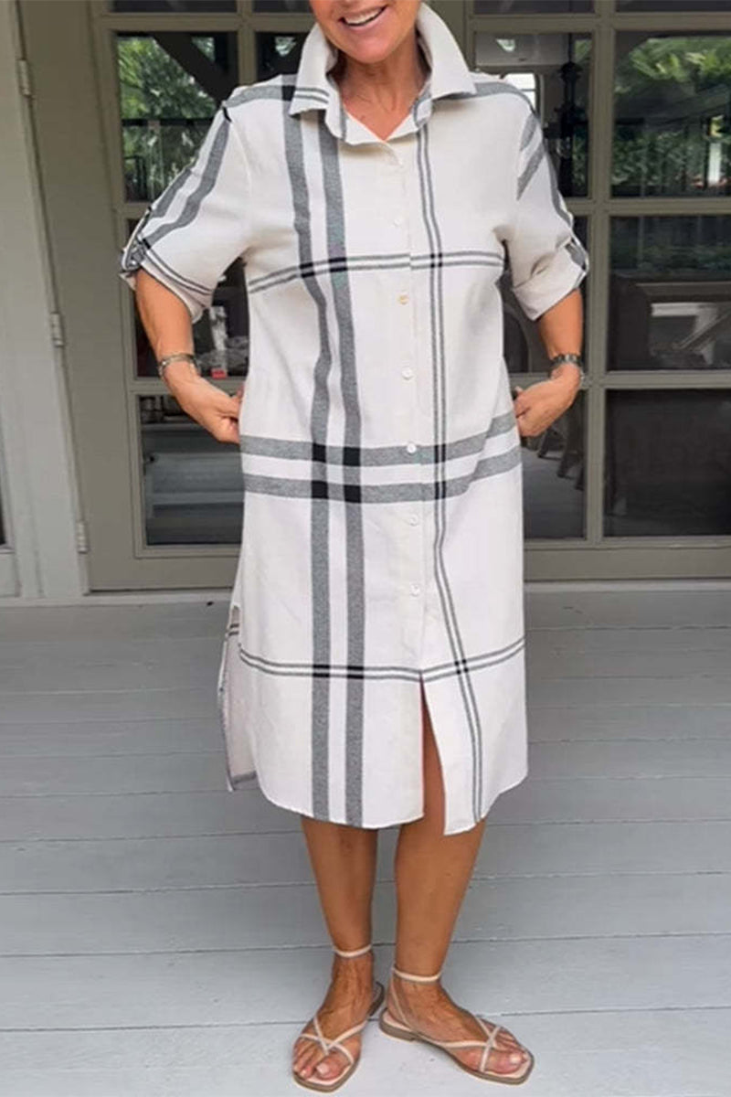 Casual Simplicity Plaid Pocket Turndown Collar A Line Dresses - Fashionpara