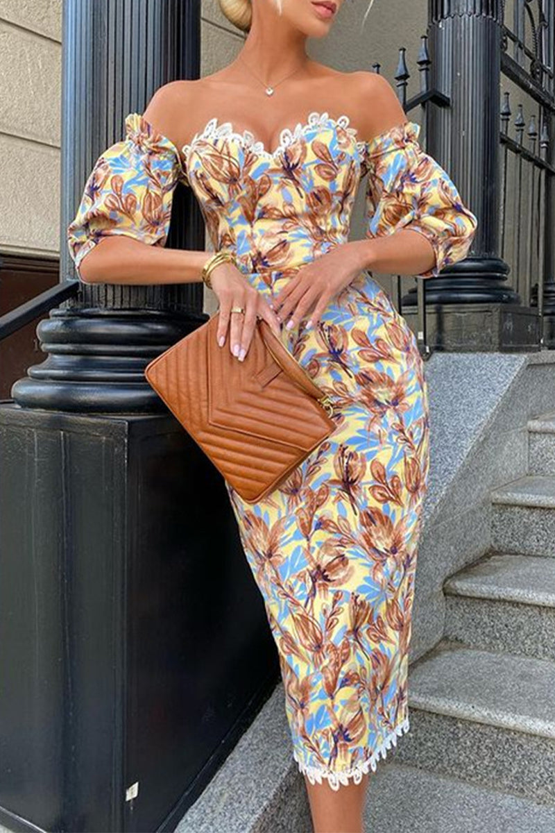 Sexy Floral Patchwork Off the Shoulder One Step Skirt Dresses - Fashionpara