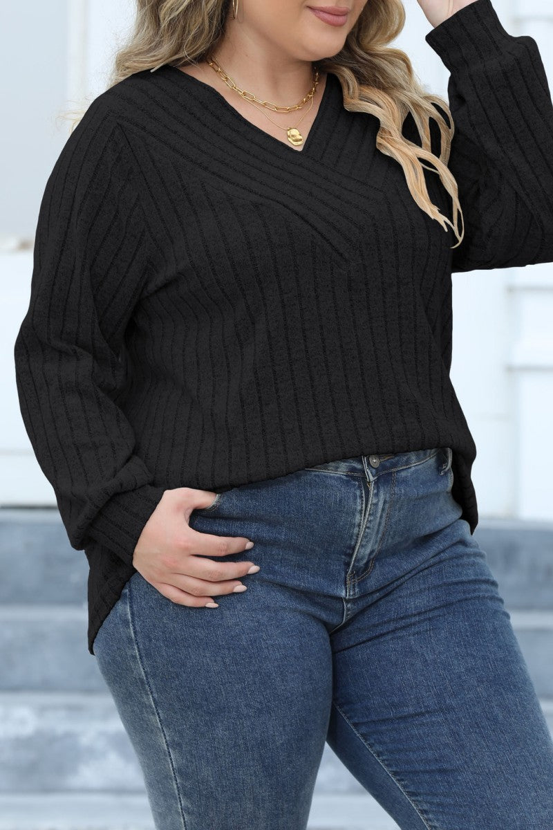 Casual Solid Patchwork V Neck Plus Size Tops - Fashionpara