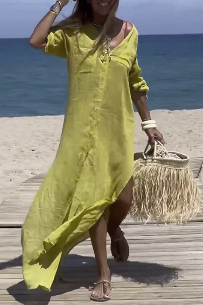 Casual Simplicity Solid Buttons Slit Mandarin Collar Long Sleeve Dresses - Fashionpara