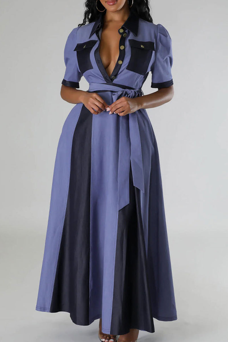 Casual Color Block Bandage Patchwork Pocket Buckle V Neck Long Dress Dresses - Fashionpara