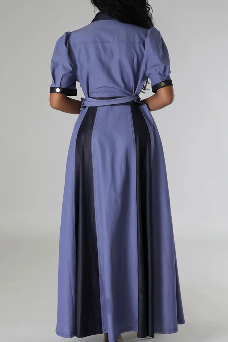 Casual Color Block Bandage Patchwork Pocket Buckle V Neck Long Dress Dresses - Fashionpara