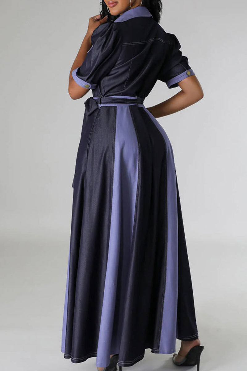 Casual Color Block Bandage Patchwork Pocket Buckle V Neck Long Dress Dresses - Fashionpara