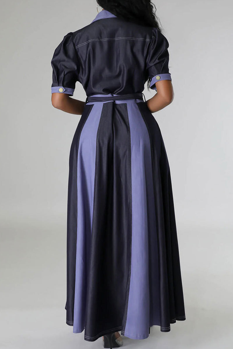 Casual Color Block Bandage Patchwork Pocket Buckle V Neck Long Dress Dresses - Fashionpara