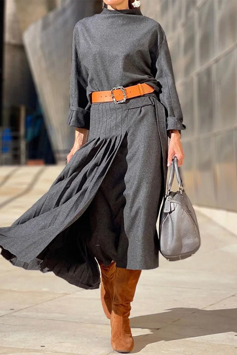 Casual British Style Leopard Fold Without Belt O Neck Waist Skirt Dresses(No Belt) - Fashionpara