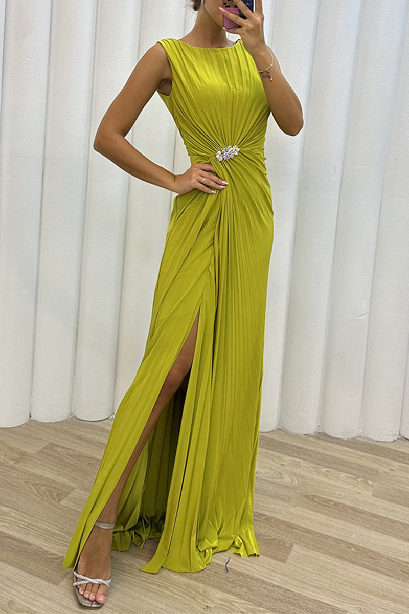 Elegant Formal Solid Slit Fold O Neck Evening Dress Dresses - Fashionpara