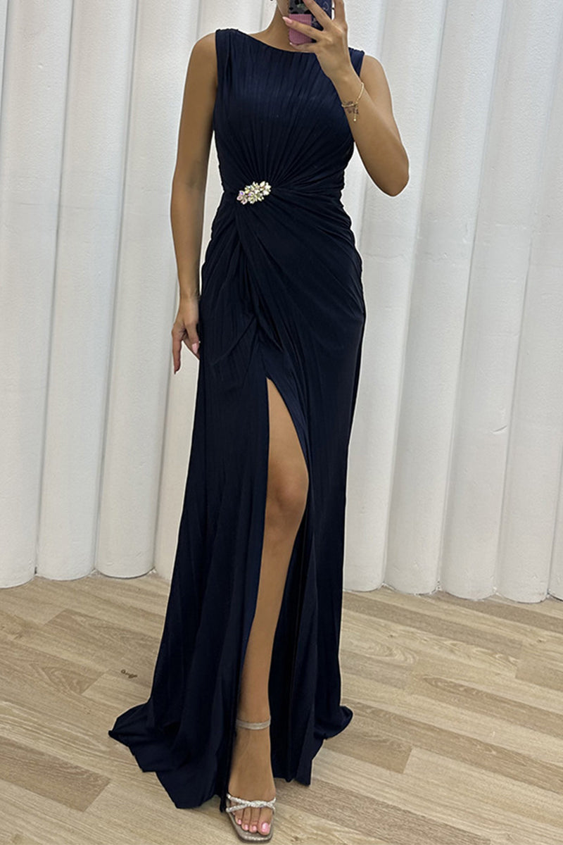 Elegant Formal Solid Slit Fold O Neck Evening Dress Dresses - Fashionpara
