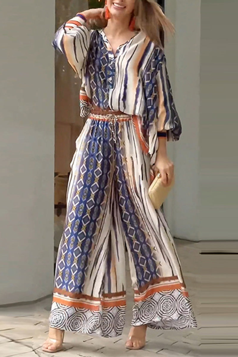 Casual College Print Buttons Turndown Collar Long Sleeve Two Pieces - Fashionpara