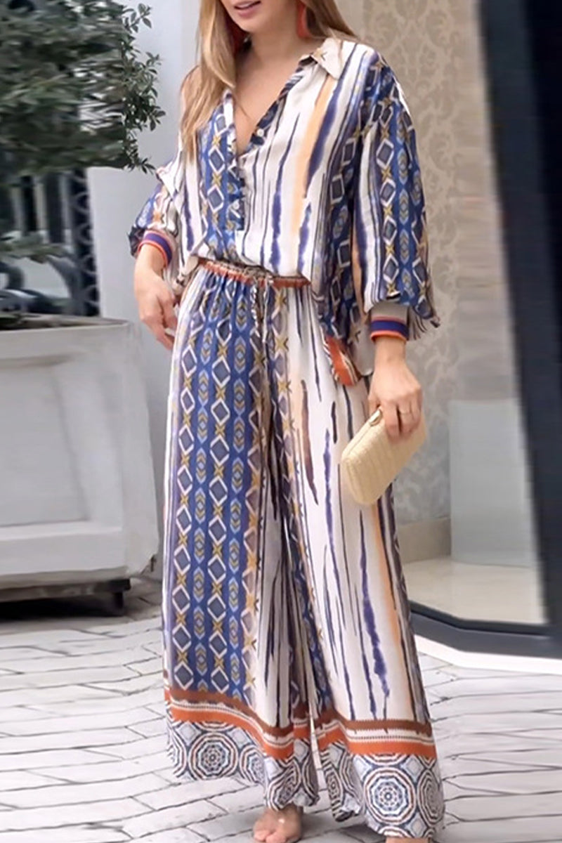 Casual College Print Buttons Turndown Collar Long Sleeve Two Pieces - Fashionpara