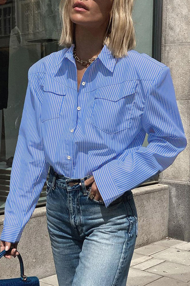 Casual Striped Patchwork Turndown Collar Tops - Fashionpara