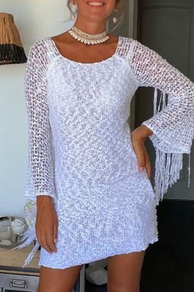 Sexy Solid Tassel Hollowed Out O Neck Wrapped Skirt Dresses(3 Colors) - Fashionpara