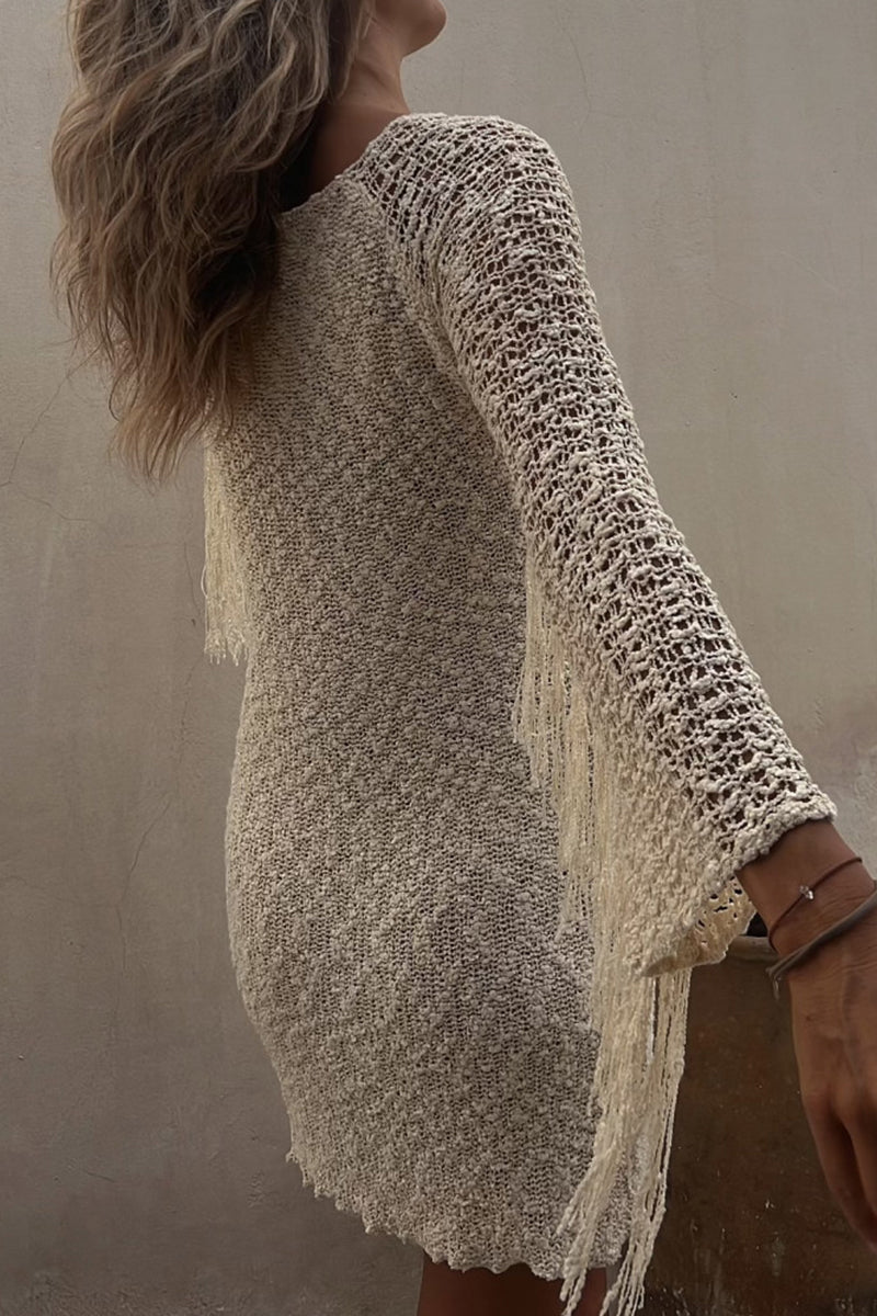 Sexy Solid Tassel Hollowed Out O Neck Wrapped Skirt Dresses(3 Colors) - Fashionpara