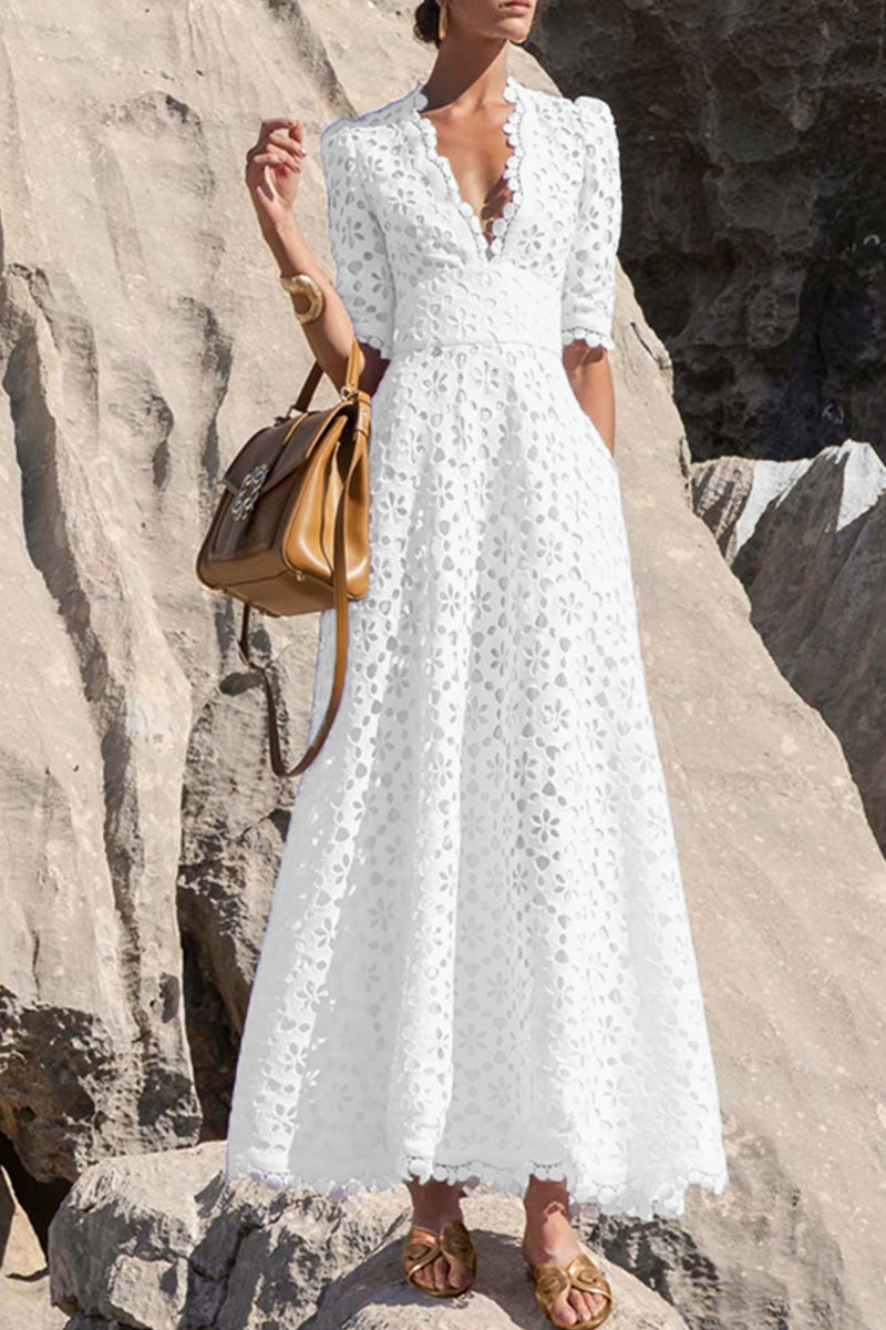 Elegant Solid Hollowed Out V Neck Waist Skirt Short Sleeve Dress - Fashionpara