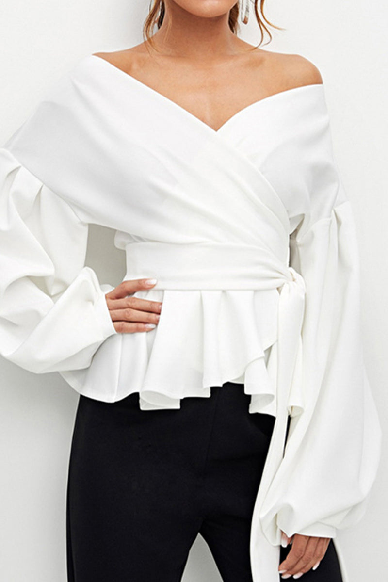 Elegant Solid Bandage With Bow V Neck Tops - Fashionpara