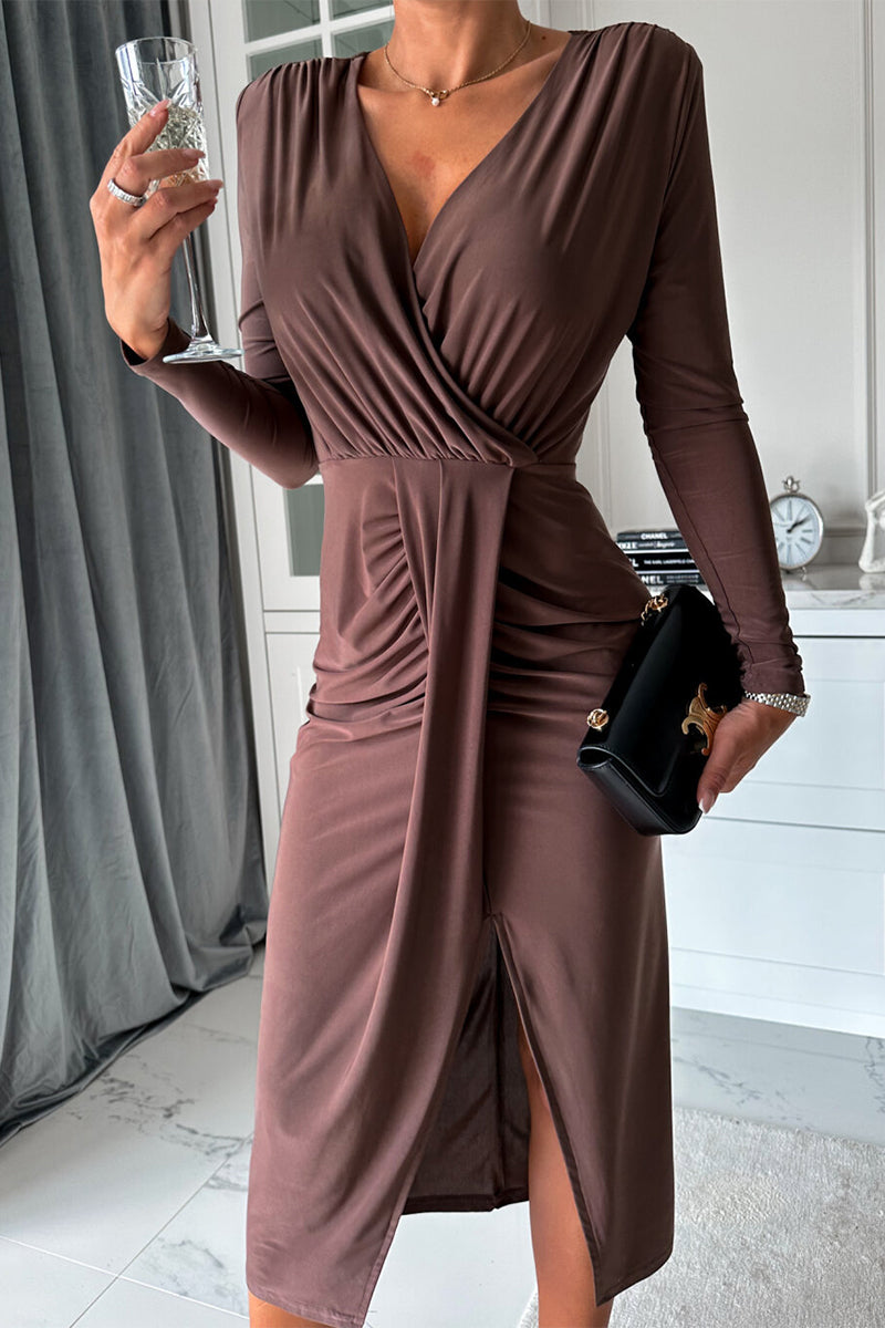 Sexy Solid Fold V Neck A Line Dresses - Fashionpara