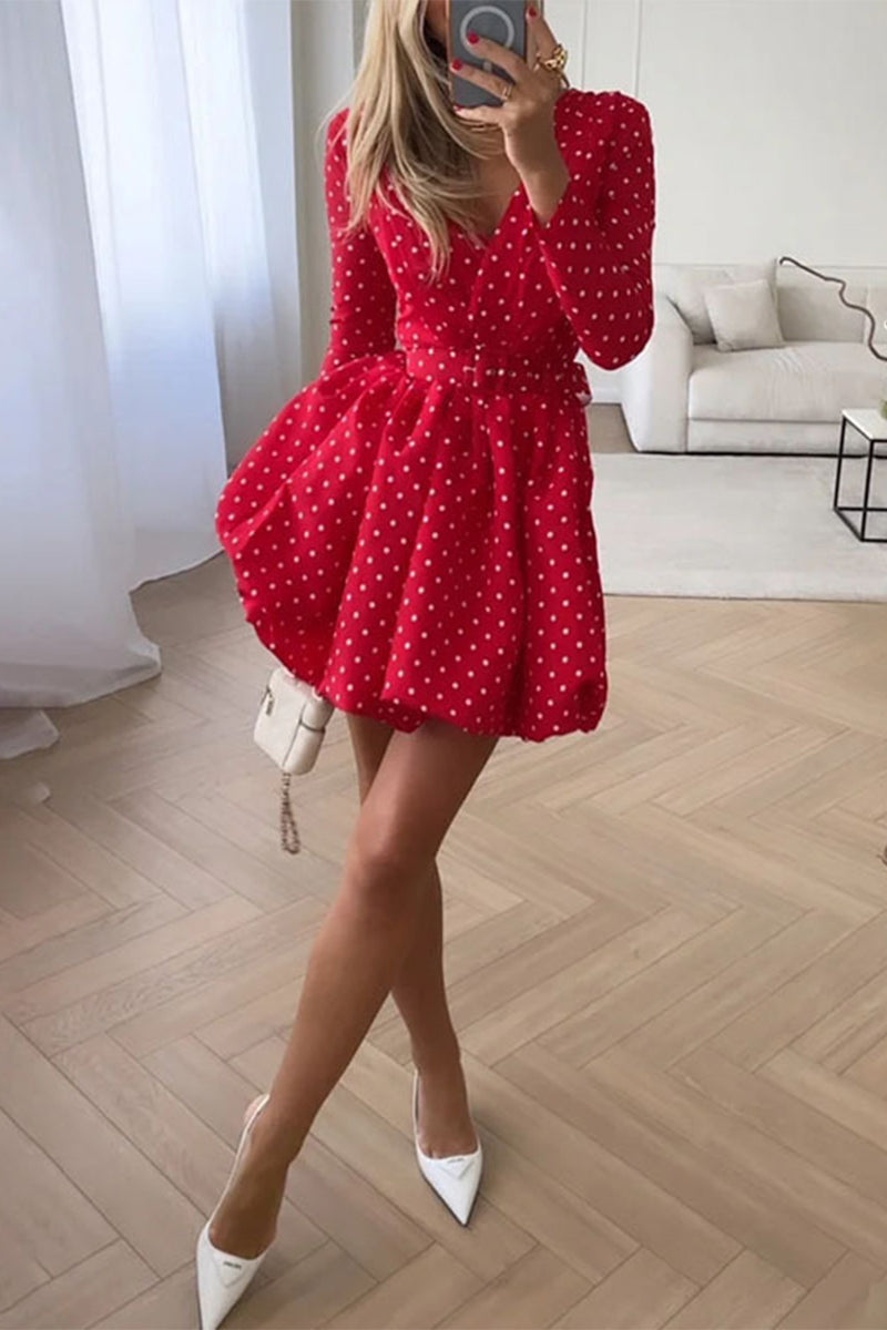 Sexy Polka Dot Printing V Neck A Line Dresses - Fashionpara