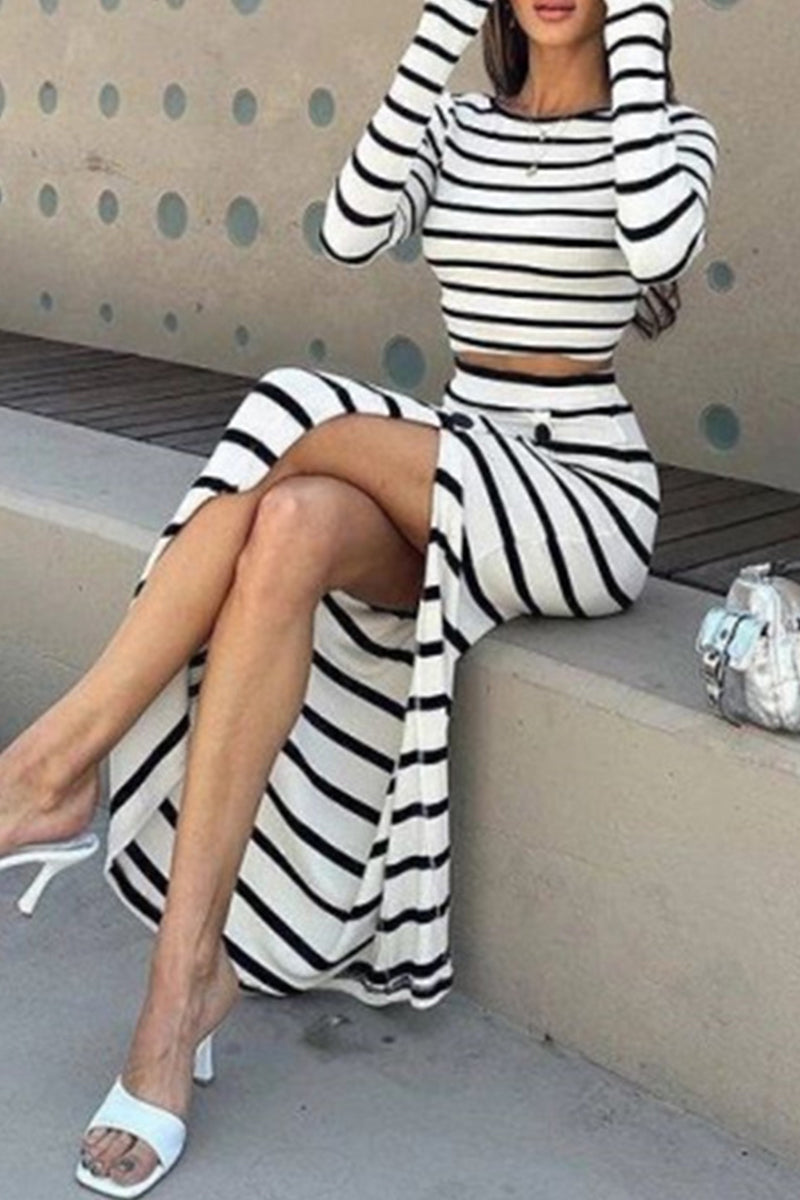 Sexy Celebrities Striped Print Buttons Slit O Neck Long Sleeve Two Pieces - Fashionpara
