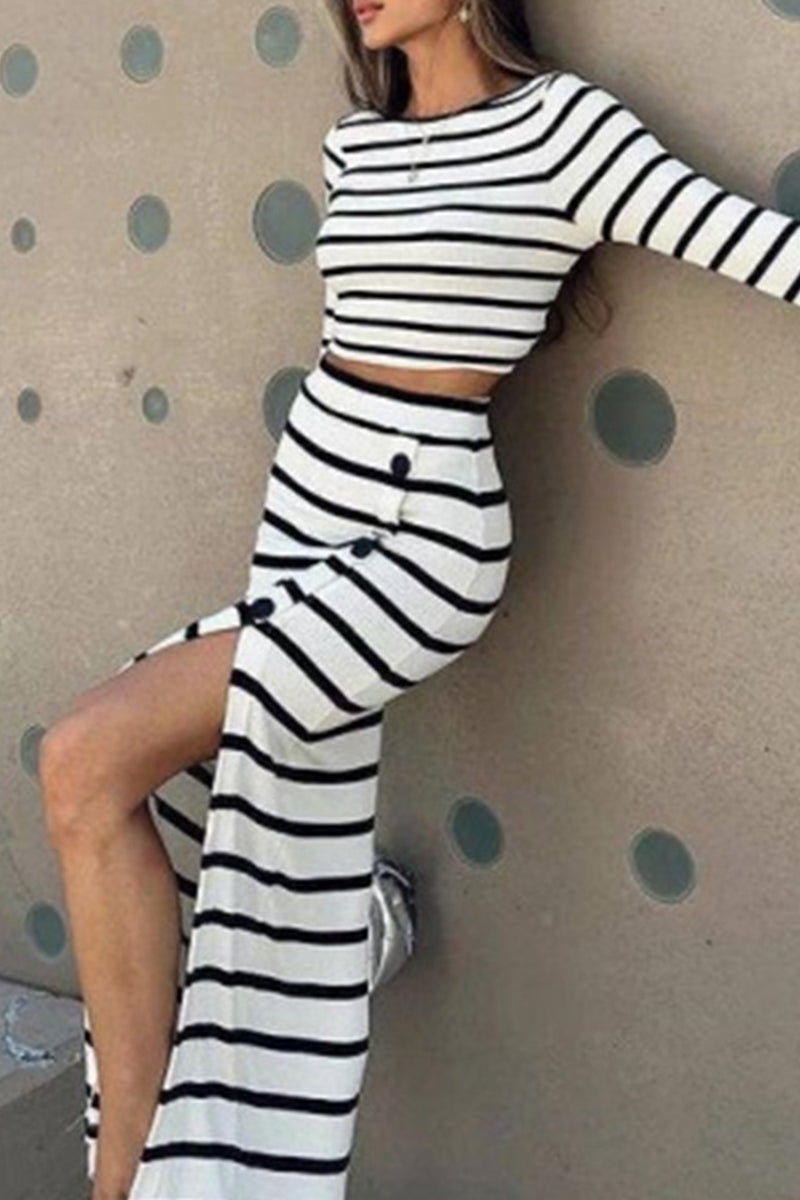 Sexy Celebrities Striped Print Buttons Slit O Neck Long Sleeve Two Pieces - Fashionpara