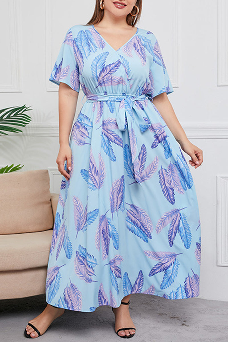 Vintage Elegant Geometric Print Bandage V Neck Printed Dress Plus Size Dresses(7 Colors)