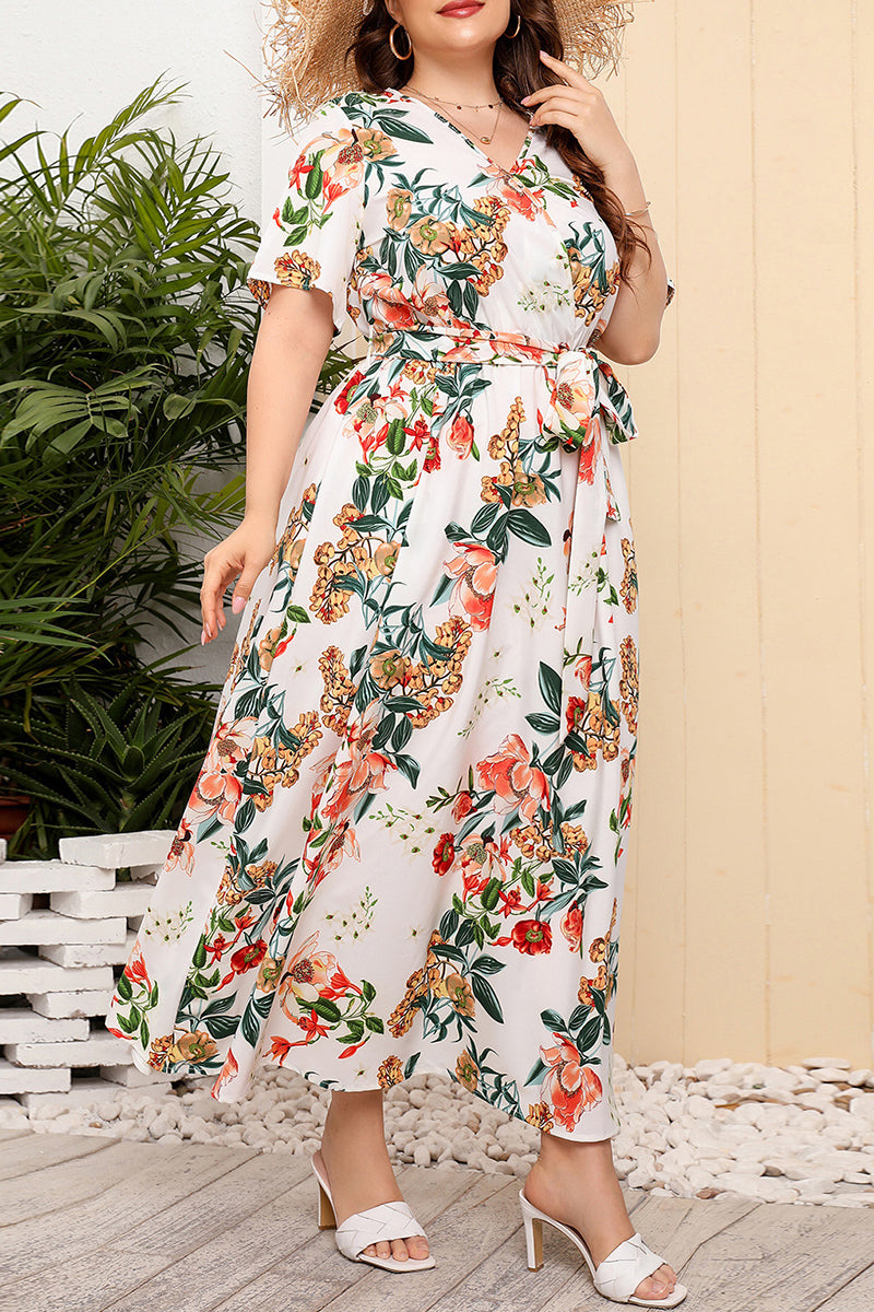 Vintage Elegant Geometric Print Bandage V Neck Printed Dress Plus Size Dresses(7 Colors)