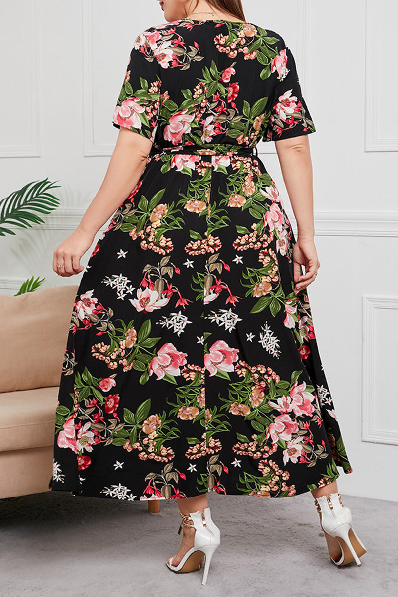Vintage Elegant Geometric Print Bandage V Neck Printed Dress Plus Size Dresses(7 Colors)