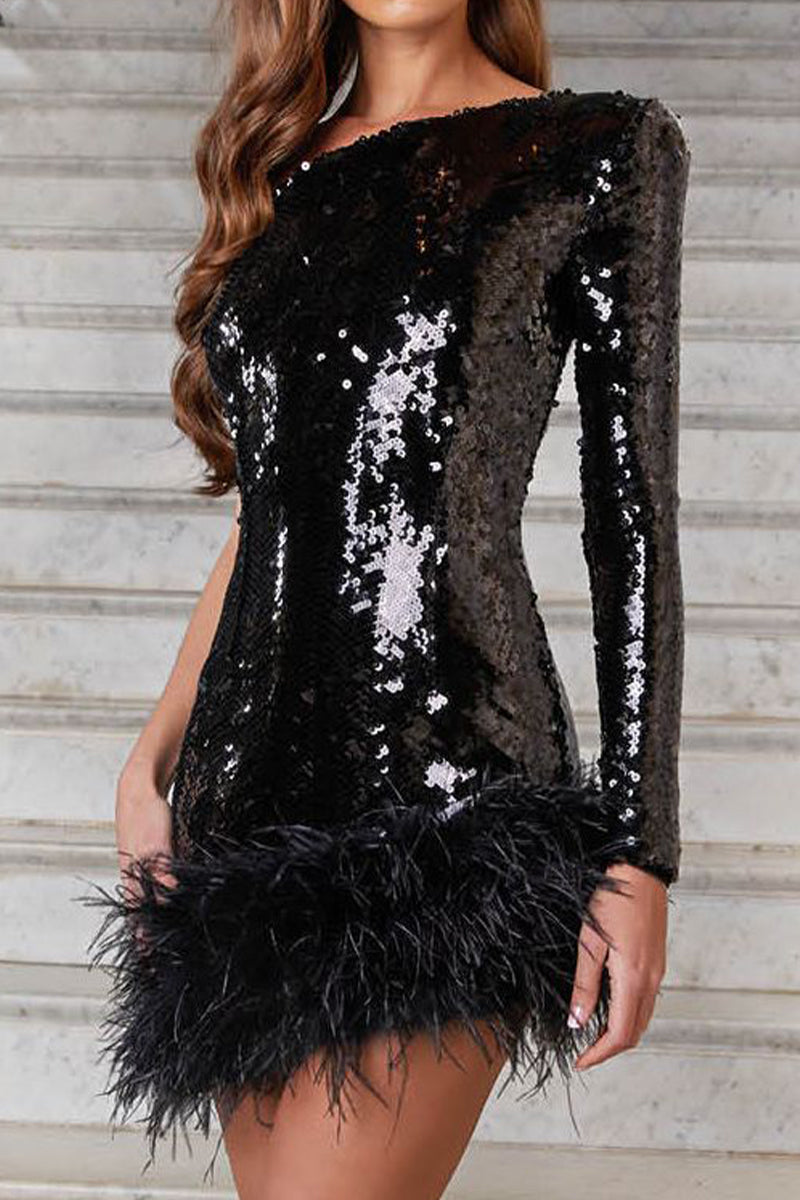 Sexy Party Solid Sequins Feathers Asymmetrical Oblique Collar Evening Dress Dresses - Fashionpara