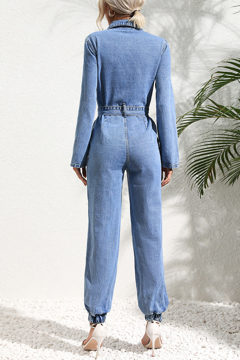 Casual Street Solid Bandage Pocket Turndown Collar Long Sleeve Regular Denim Jumpsuits - Fashionpara