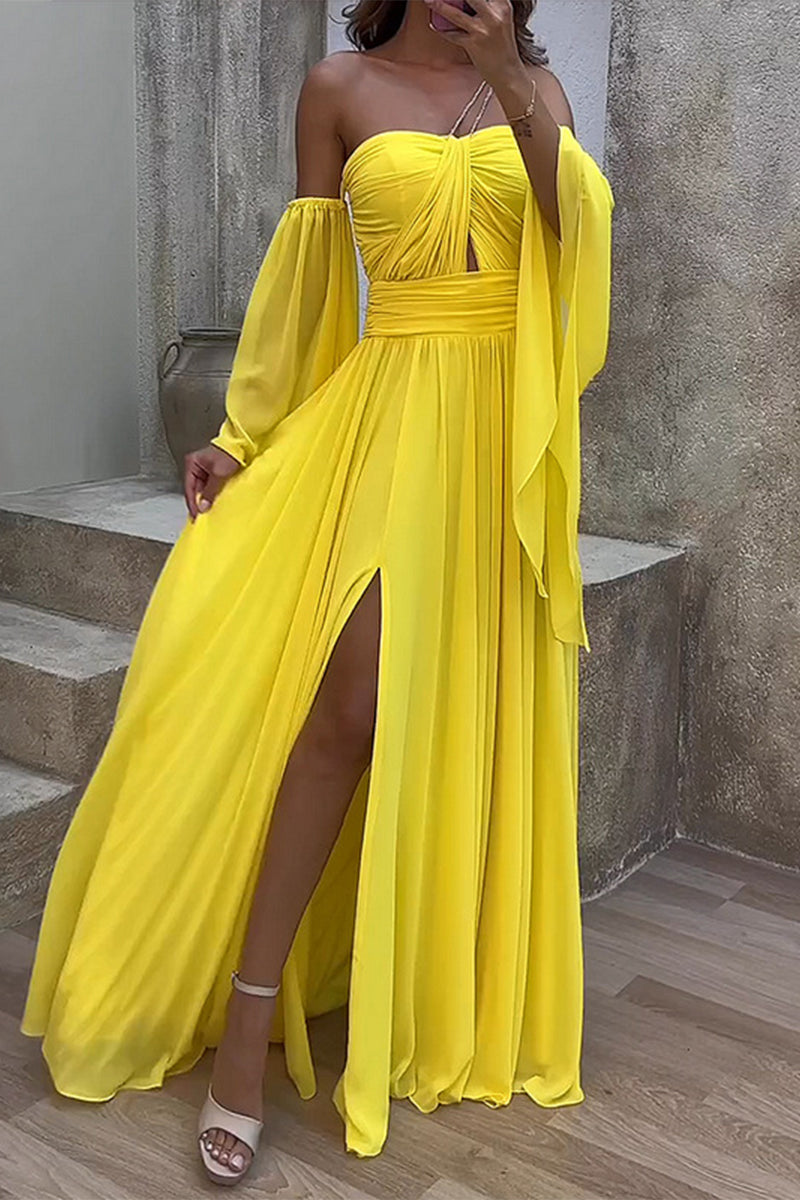 Elegant Solid Slit Asymmetrical Off the Shoulder A Line Dresses - Fashionpara