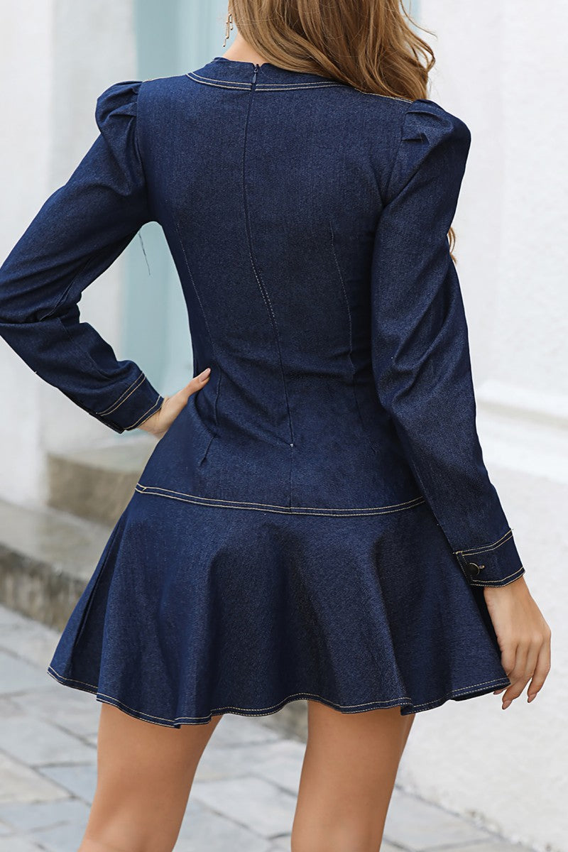 Casual Solid Patchwork V Neck Long Sleeve Dresses - Fashionpara