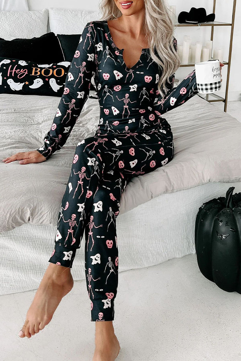 Casual Skull Printing V Neck Long Sleeve Two Pieces - Fashionpara