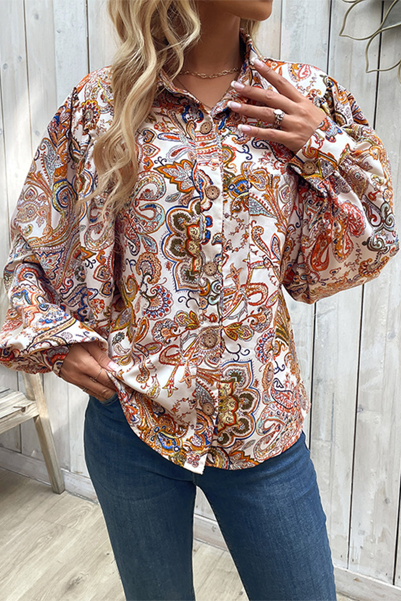 Elegant Print Buckle Turndown Collar Tops - Fashionpara