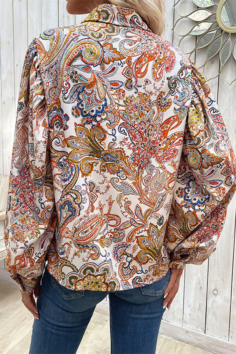 Elegant Print Buckle Turndown Collar Tops - Fashionpara