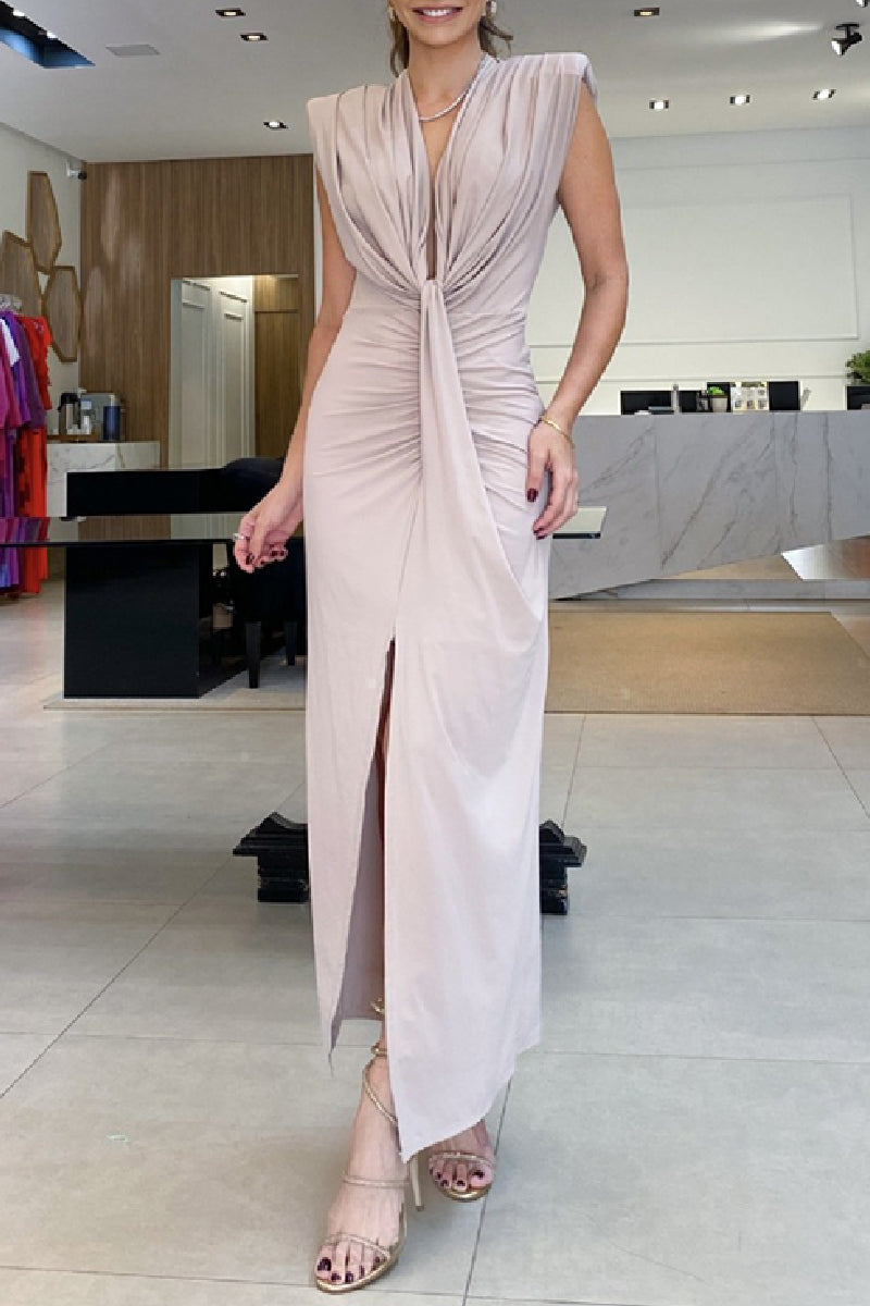 Casual Solid Slit V Neck Long Dress Dresses - Fashionpara