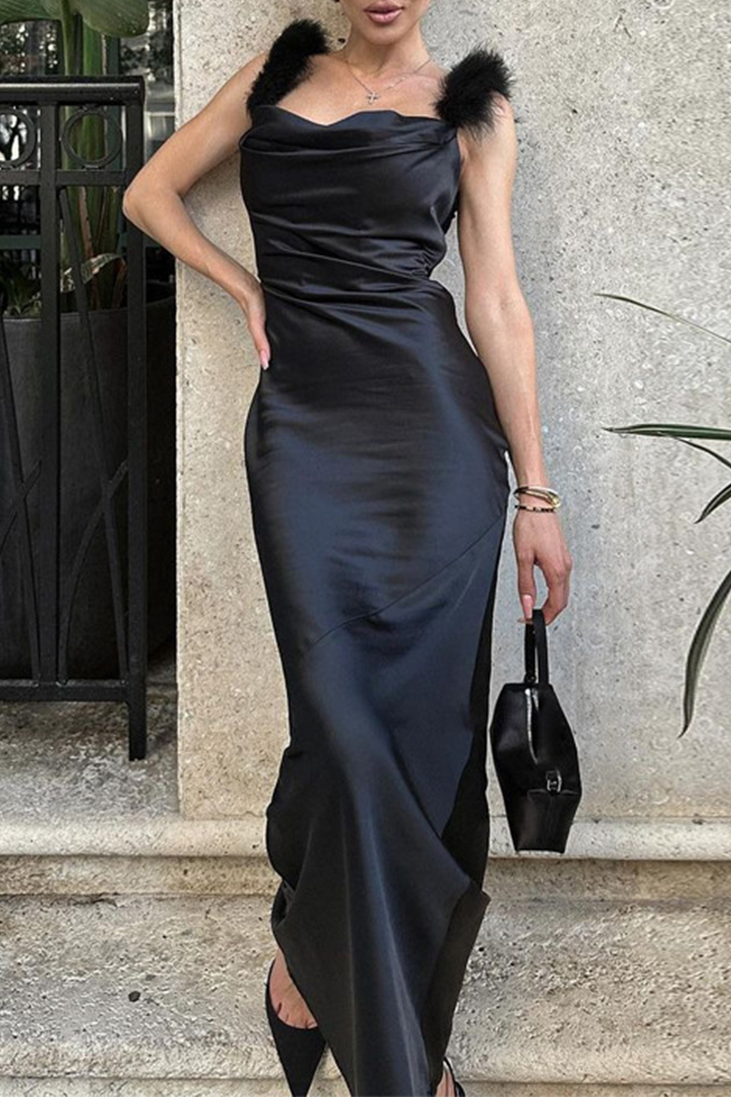 Celebrities Elegant Solid Feathers Backless U Neck One Step Skirt Dresses - Fashionpara
