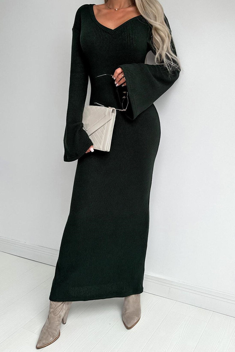 Elegant Solid V Neck One Step Skirt Dresses - Fashionpara