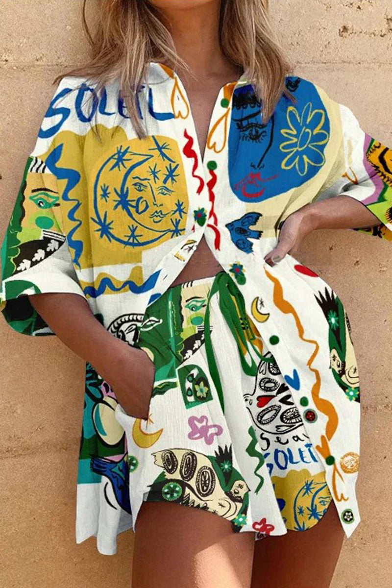 Casual Animal Printing Turndown Collar Short Sleeve Two Pieces - Fashionpara